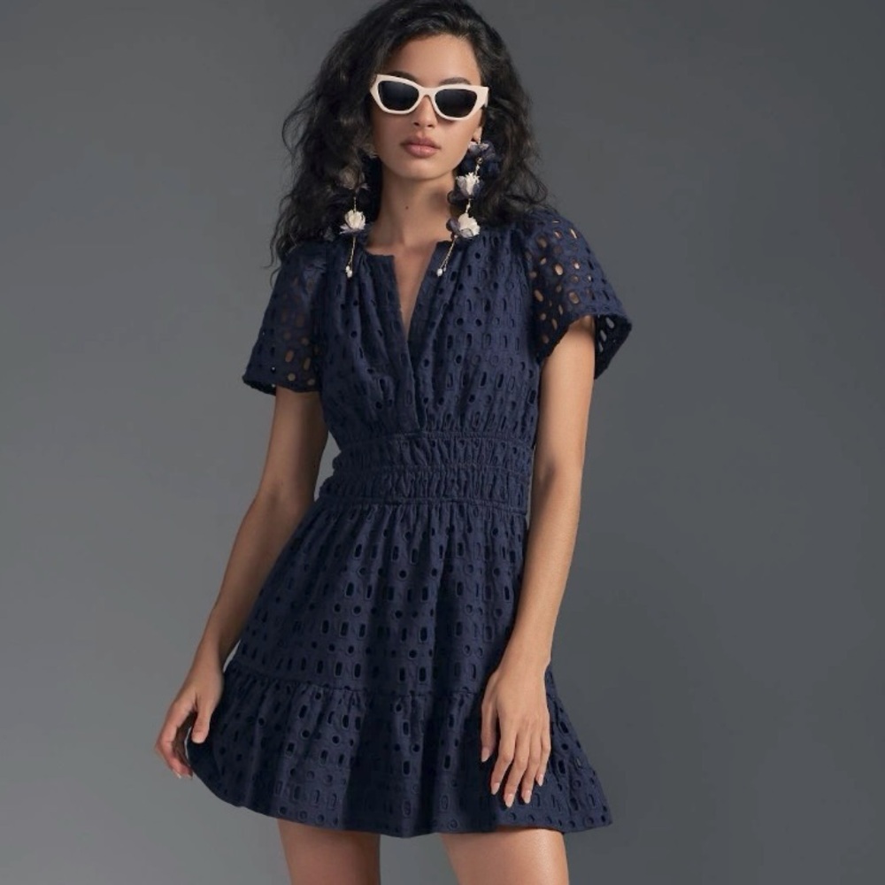Anthropologie Somerset Mini Dress Eyelet Edition Navy Storm Petite Small PS